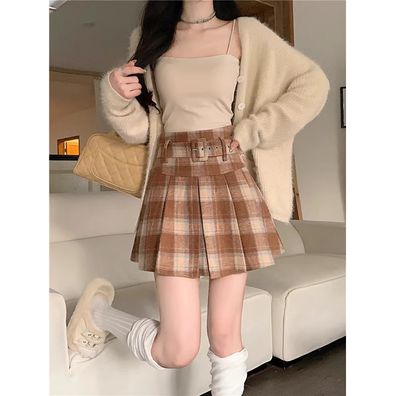 加厚毛呢格子半身裙女秋冬大码胖mm高腰短裙小个子显瘦a字百褶裙