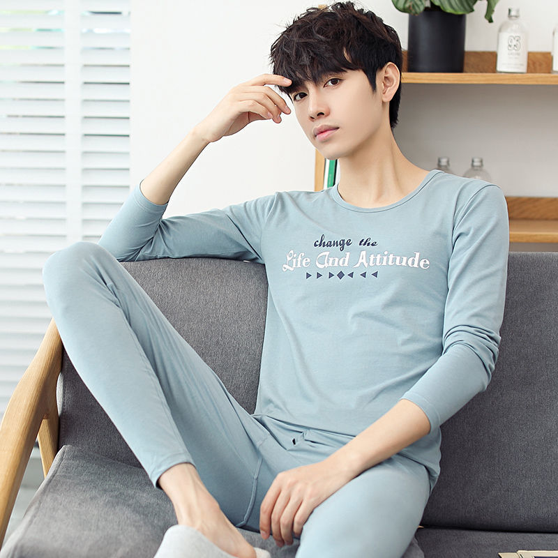남성 가을옷과 긴 바지 세트는 청년, 중년 남성과 청소년을 위한 얇은 보온 속옷 밖에 입을 수 있는 면 의류와 린넨 바지