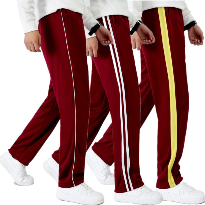 Student School uniform pants two bars sports pants purplish red loose straight middle and primary school double white stripes wine red school pants