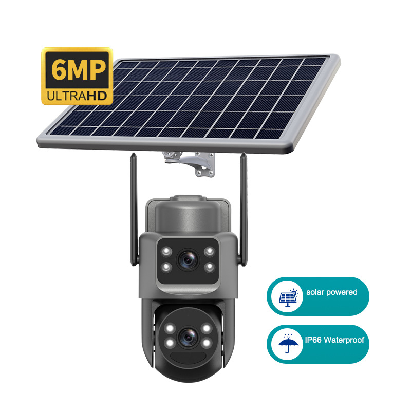 Cámara 4G de doble lente con energía solar para monitoreo con intercomunicador de voz de doble pantalla de alta definición e inteligencia infrarroja.