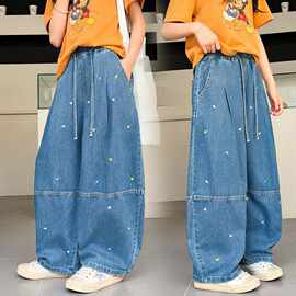 女童2026年夏季新款爱心刺绣牛仔裤中大童韩版阔腿裤女孩弯刀裤潮