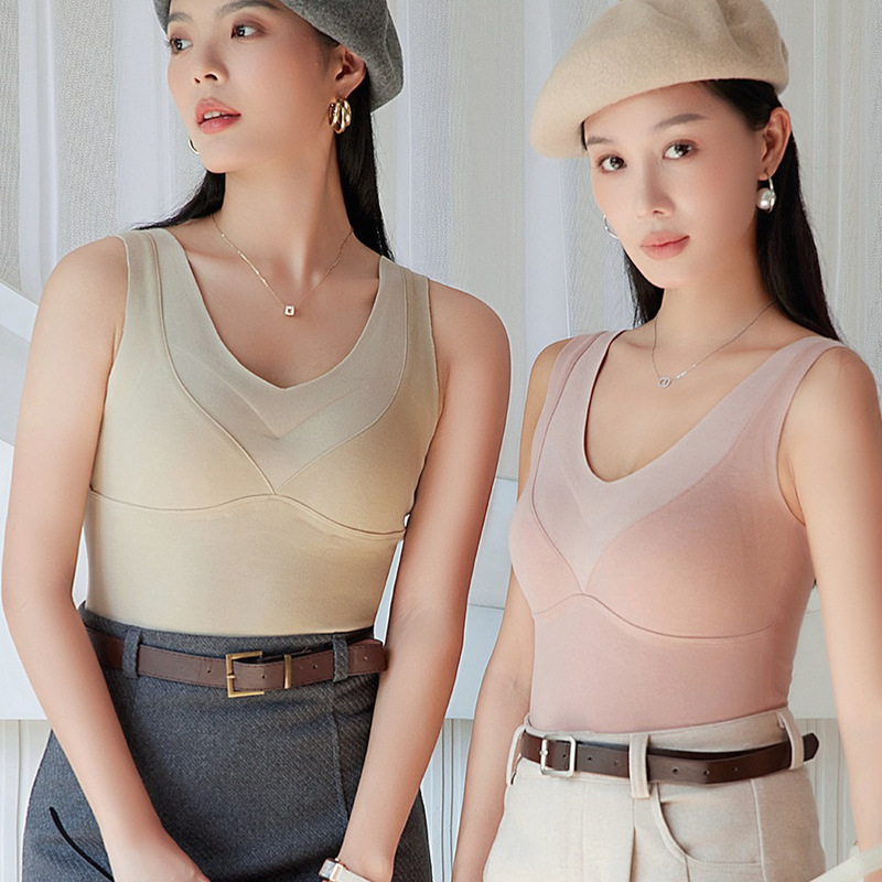 Cashmere Warm Vest, Natural Latex One-Cup Thermal Intimates, Bra-Free, Seamless V Neck Bottoming Sling