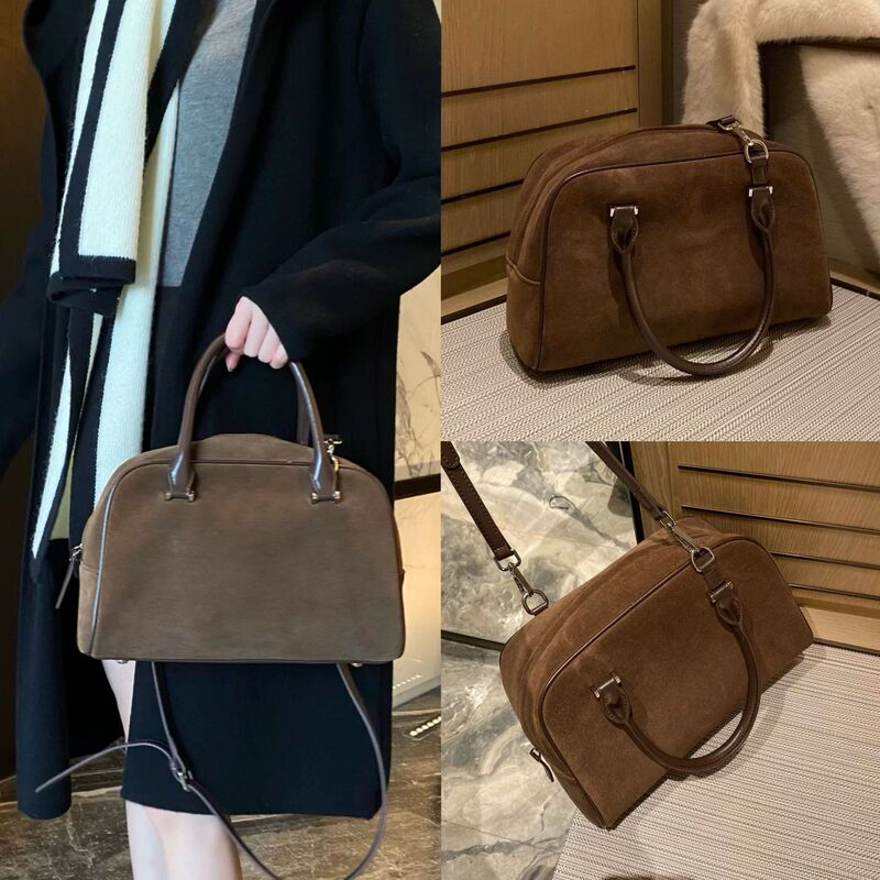 Korean style bag women's high-grade pillow bag Vintage suede Boston bag niche designer shoulder messenger bag