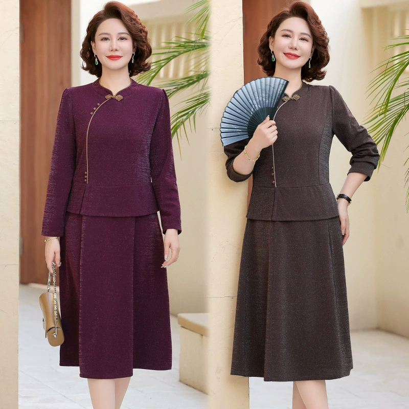 Новое элегантное длинное платье для похудения осень 2025 года для женщин, новое платье в китайском стиле с длинными рукавами и круглым вырезом для мам, осенний наряд.
