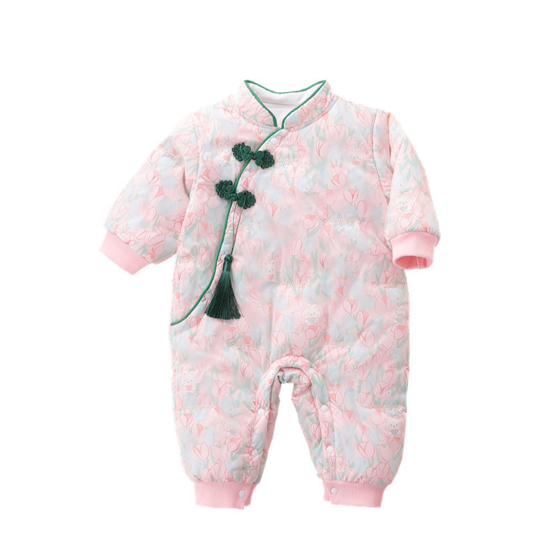 Bebé acolchado mono estilo occidental mujer bebé Otoño e Invierno estilo chino cheongsam mameluco un mes cien días lindo mameluco