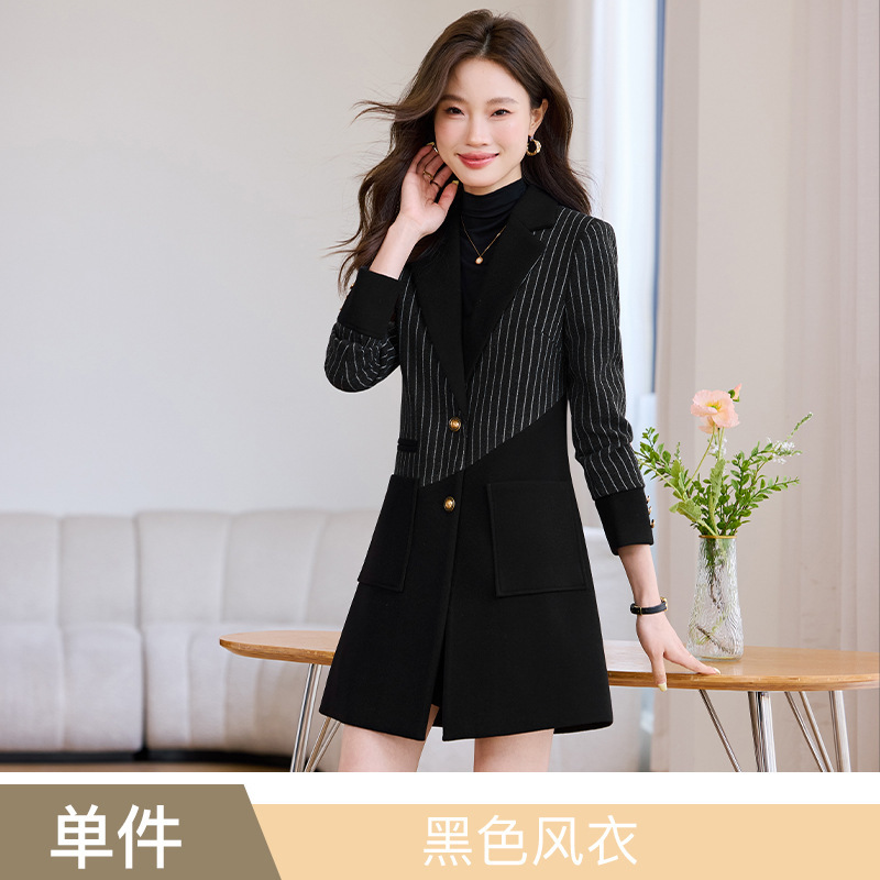 长款西装风衣外套女秋冬季25新款高级感厚款色职业休闲条纹大衣|undefined