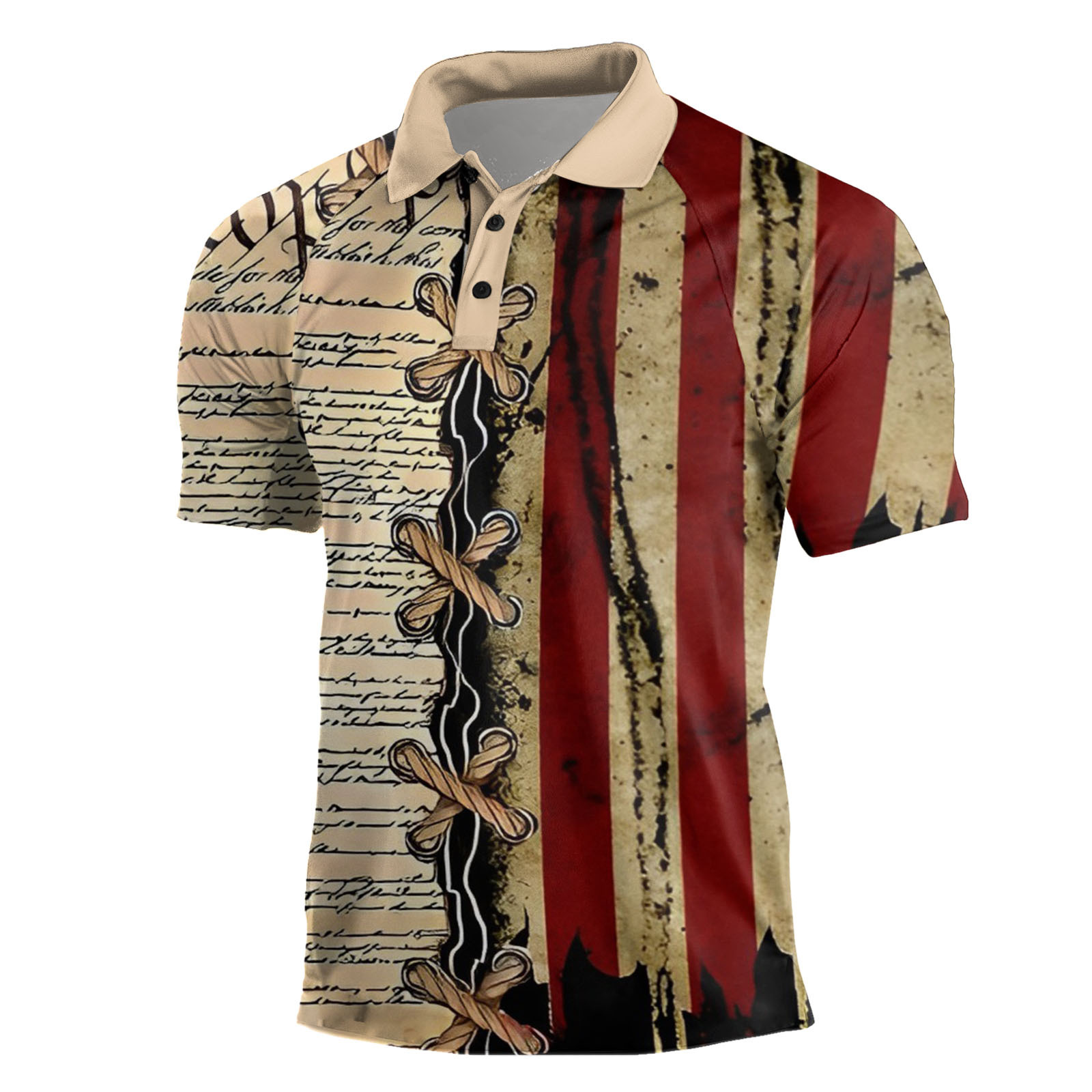 Cross-border Europa y América 2023 nuevos hombres casuales de manga corta Henry Independence Day Elements Camisa POLO raglán de tres botones para hombres