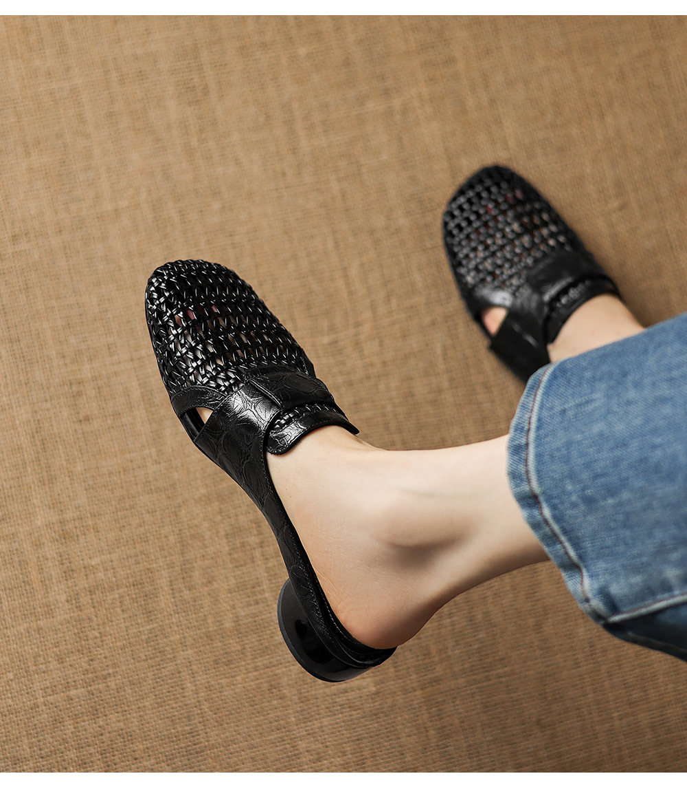 Sandal nữ quai chữ V mũi kín phong cách vintage gót thấp — đen chi tiết 15