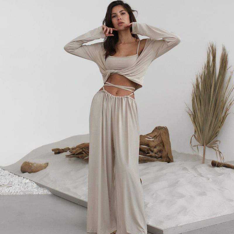 European and American Cross-Border Summer New Comfortable Modal Underwear Long-Sleeved Long Pants Pajamas Three-Piece Set 2026 Loungewear for Women