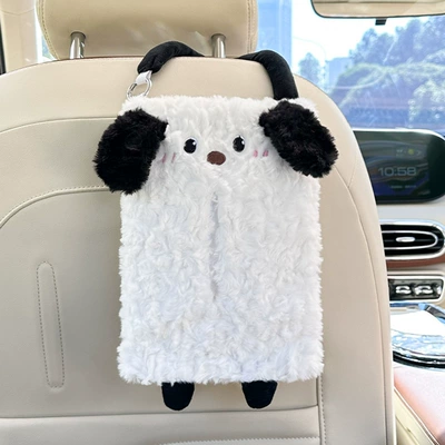 Creative Cartoon Animal Car Hanging Paper Box Cute Plush Car Tissue Box Internet Popular Car Tissue Hanging Bag (Car tissue box/set) - rabbit-fur-frayed-puppy-hanging-tissue-box-white