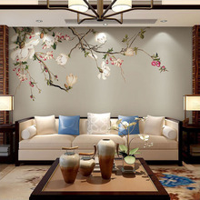 5d新中式壁畫手繪玉蘭花鳥壁紙客廳電視背景墻臥室沙發無紡布墻紙