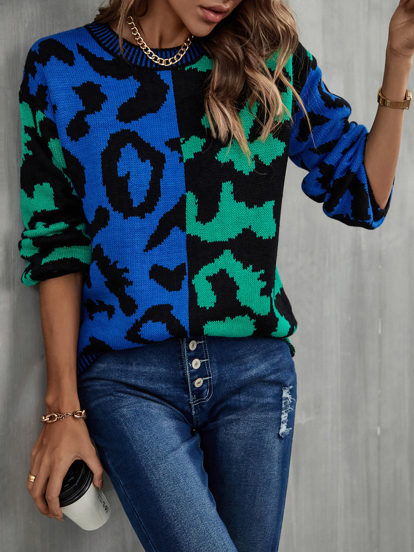 Suéter de Moda Primavera 2025, Estilo Europeo y Americano, Popular, con Estampado de Leopardo, Patchwork, Tejido Mixto
