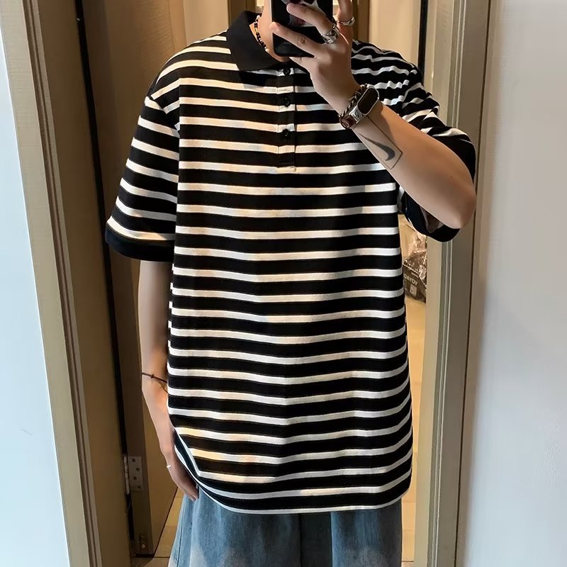 Polo casual de solapa para hombre Camiseta de manga corta Camiseta de fondo de ropa de clase para jóvenes de hombre a rayas