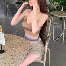 纯欲辣妹渐变色外穿吊带背心女性感镂空修身抽绳设计感短款上衣夏