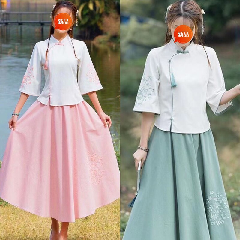 Republic of China Style Hanfu 【Suit】 2023 Spring and Summer New Cotton and Linen Embroidery Improved Republic of China Style Literary Hanfu Republic of China Style Hanfu 【Suit】 2023 Spring and Summer New Cotton and Linen Embroidery Improved Republic of China Style Literary Hanfu