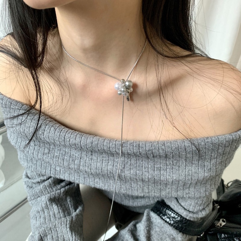 简约韩系ins珍珠抽拉锁骨项链可调节女款长款毛衣链高级精致|undefined