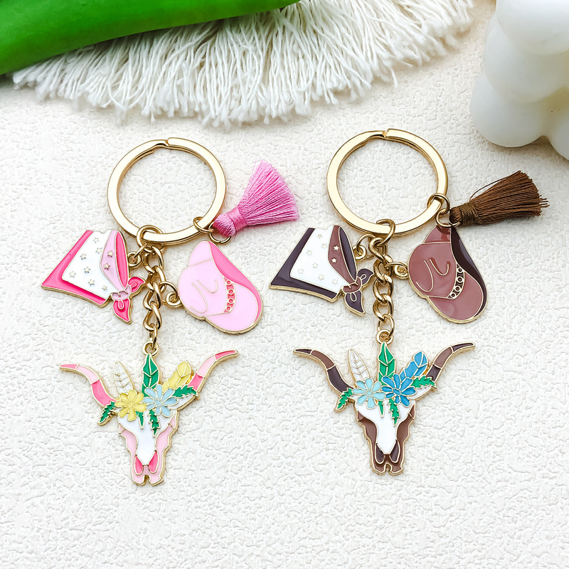 Cartoon Oil Dropping Powder Brown Couple Western Cowboy Hat Keychain Bag Tassel Pendant Amazon Cross Border Hot Sale