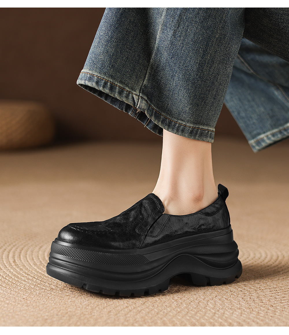 Giày lười nữ da cừu đế dày tăng chiều cao form mũi vuông — màu đen chi tiết 15