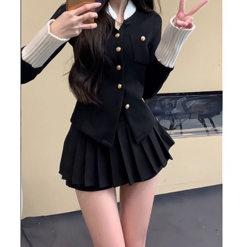 小香风富家千金撞色时尚休闲套装复古长袖衬衫女百褶裙短裙两件套|undefined