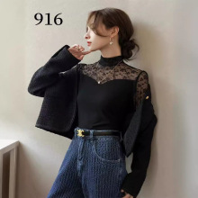 916新款长袖蕾丝螺纹棉打底衣内搭外穿内衣女装镂空打底衫名媛风