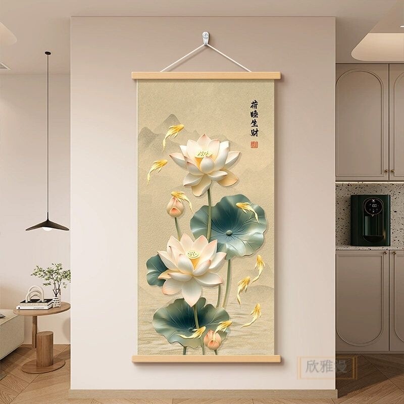 Lotus and Nine Fishes Painting for Entryway Decoration, New Chinese Style Carp Painting for Attracting Wealth, Wall Art for the Doorway, Vertical Version Lotus and Nine Fishes Painting for Entryway Decoration, New Chinese Style Carp Painting for Attracting Wealth, Wall Art for the Doorway, Vertical Version