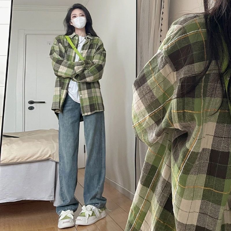 美式复古蓝色格子衬衫外套女2025秋季新款别致宽松休闲防晒衬衣潮|undefined