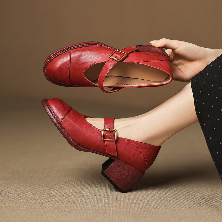 2026 new niche designer chunky-heeled square-toe leather shoes, Japanese-style single-strap Mary Jane flats for women