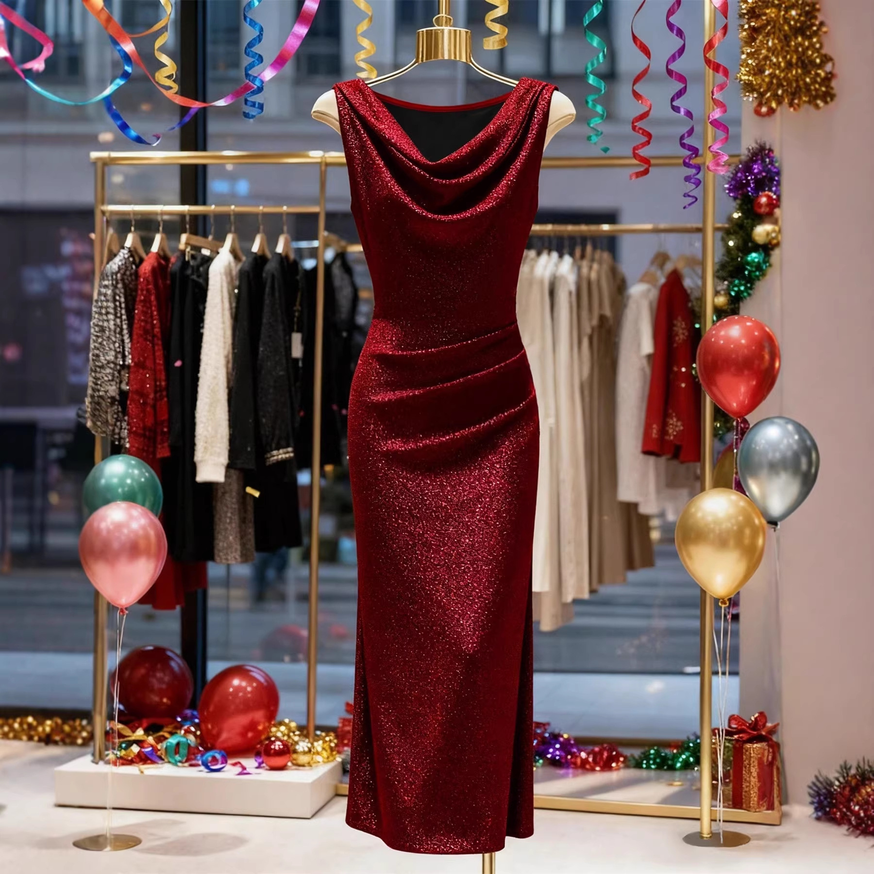 Cross-Border Exclusive Supply of Shiny Silk Ruched Collar Dress, Sexy Slim-Fit Bodycon Dress with Slit, Suitable for Annual Party, Evening Banquet, and Toast Attire