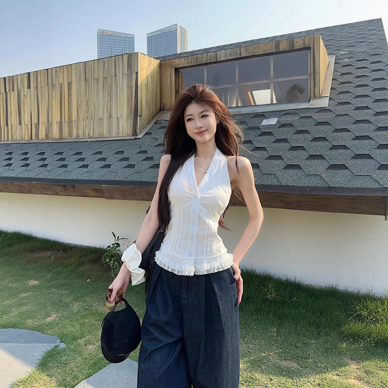 纯欲风蕾丝花边白色V领挂脖上衣夏小众设计感收腰无袖吊带背心女|undefined