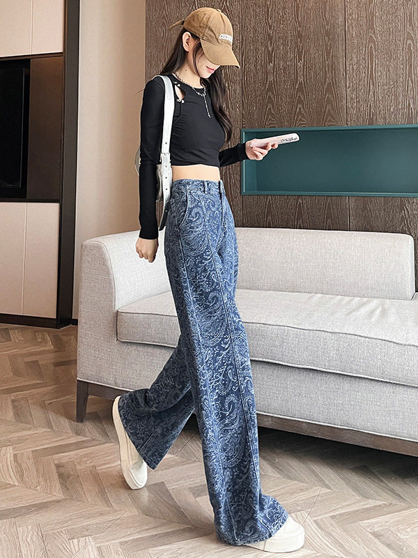 Quần jean ống rộng nữ in họa tiết, lưng cao, form suông dài — màu nâu, màu xanh