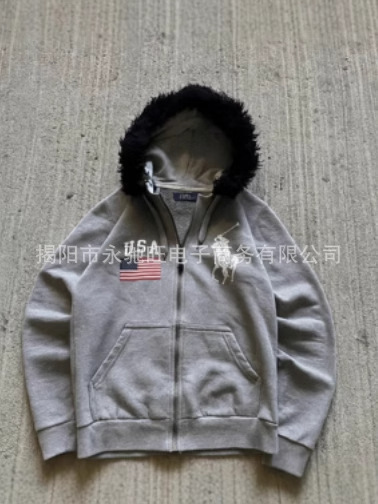 外贸厂家直销美式水洗个性长袖连帽卫衣日系潮流高级感毛领外套男|undefined