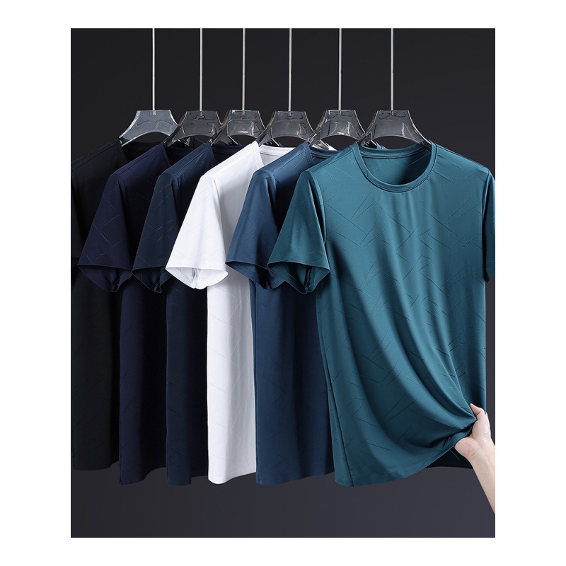 New round neck ice silk T-shirt for men, thin, light business casual, solid color, short sleeve, loose, comfortable and breathable.