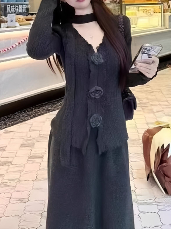 复古高级感针织连衣裙子套装2025秋冬新款女气质韩版毛衣一整套潮|undefined