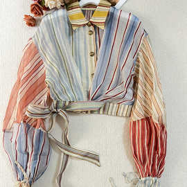 南油25秋冬新款亚麻精致条纹气质优雅轻透肌理上衣