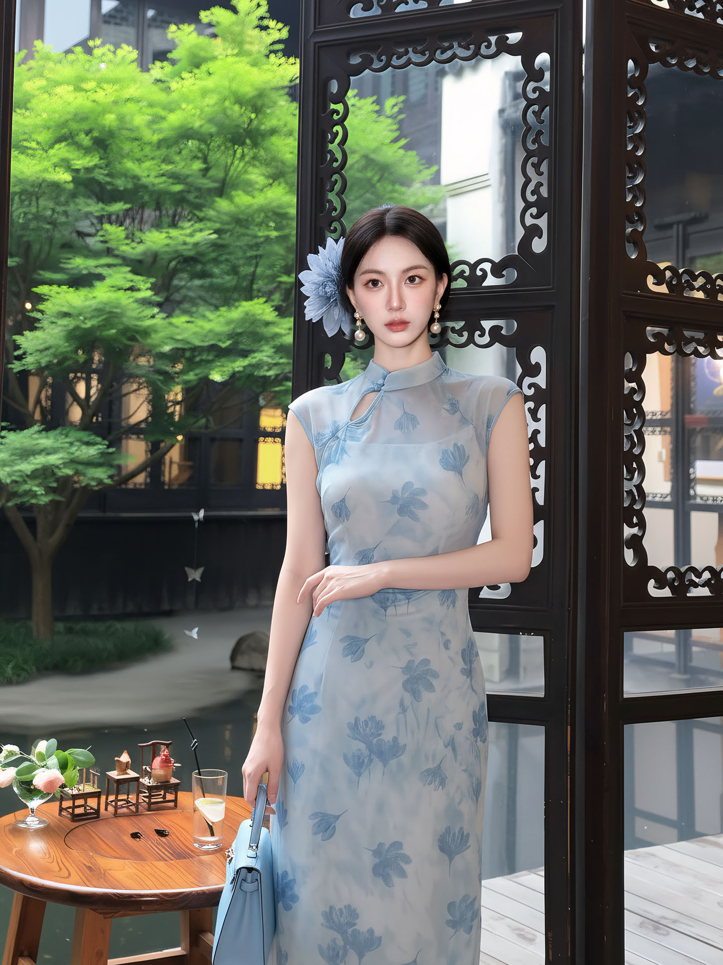 Đầm maxi nữ thắt eo phong cách tân cổ điển, chất liệu nhung tăm, thiết kế cổ yếm kết hợp ren, tay lỡ, dáng suông nhẹ, phù hợp mùa xuân hè — xanh lam