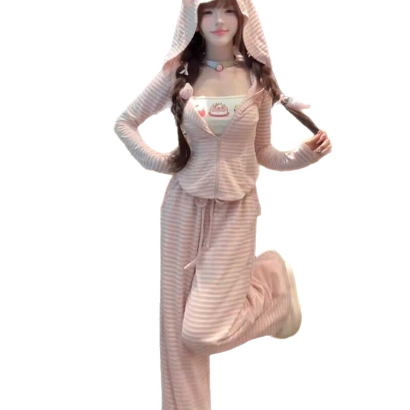 韩系ins甜美条纹连帽睡衣女秋季2025新款修身长袖长裤家居服套装|undefined