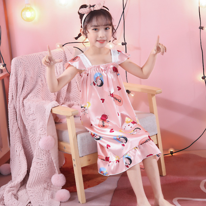 Pijama infantil princesa viento de verano nuevo pijama de niñas mangas cortas fresas oso vestido de dibujos animados ropa para el hogar