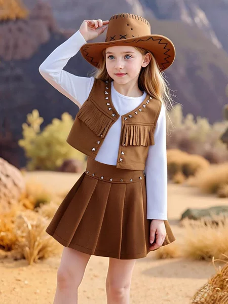 Western Cowboy Style Girls' Suit/Long Sleeve T-Shirt with Tassel Rivet Vest + Rivet Pleated Skirt 3-Piece Suit
