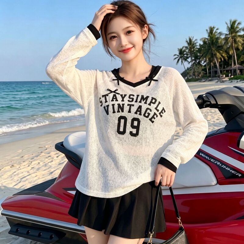 Cross-Border Three-Piece Swimsuit Set with Long-Sleeved Cover-Up, Loose-Fitting, Sporty, College-Style, Fashionable, Sexy, Skirt-Style, Square-Cut Swimwear