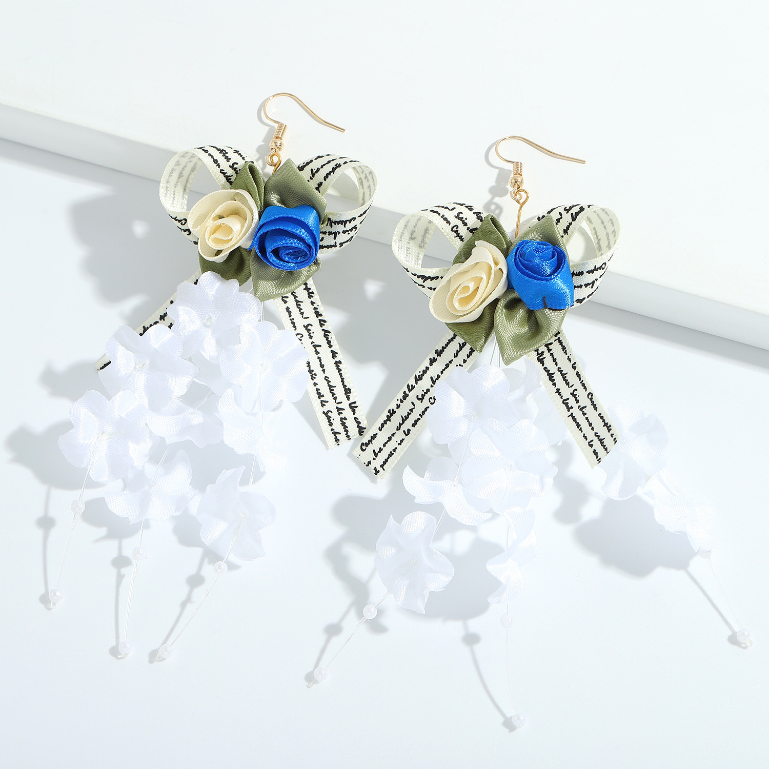 Fashion Mesh Fabric Flower Tassel Bow Earrings display picture 9