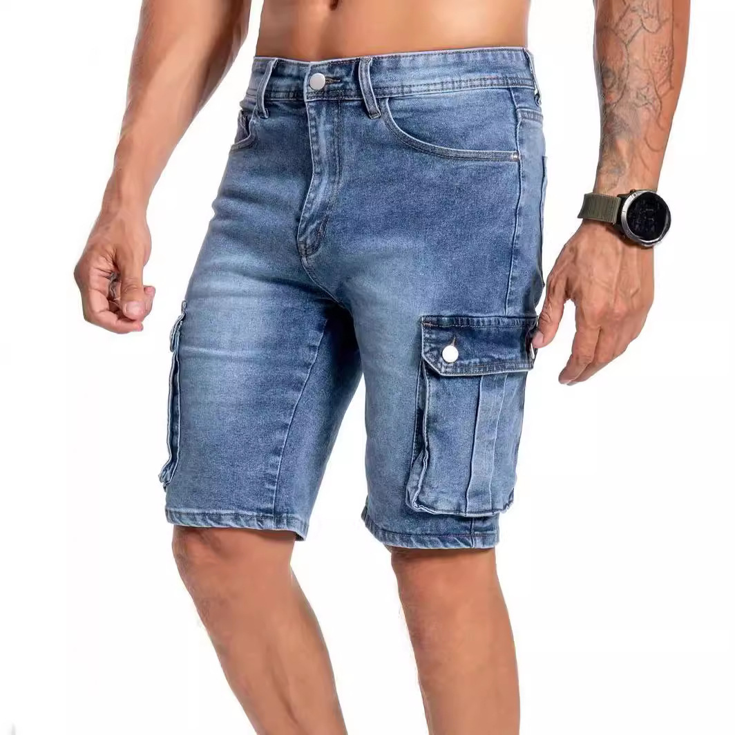 European and American Cross-Border Amazon New Men's Multi-Pocket Slightly Stretchy Denim Shorts Men's 5-Inch Workwear Casual Jeans