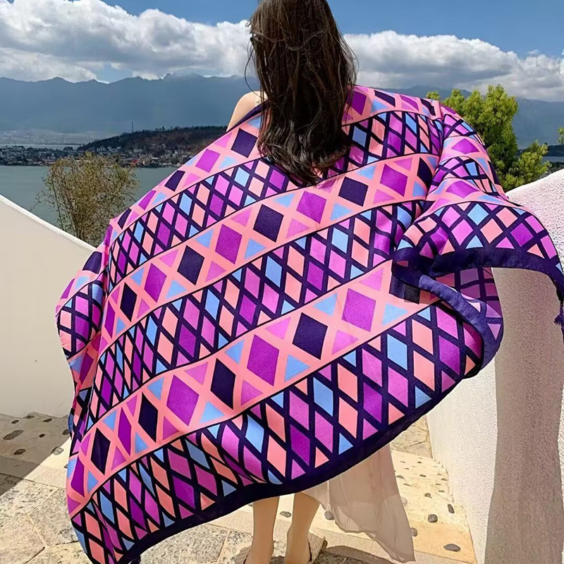 Sopa de satén de twill para mujeres 2025 bufandas de viento nacional de verano tibetanas bufandas de seda protector solar lago Qinghai turismo foto toalla de playa