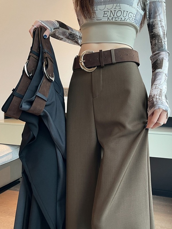 美拉德咖色西装阔腿裤女春秋2025新款高腰垂感直筒窄版休闲西裤子|undefined