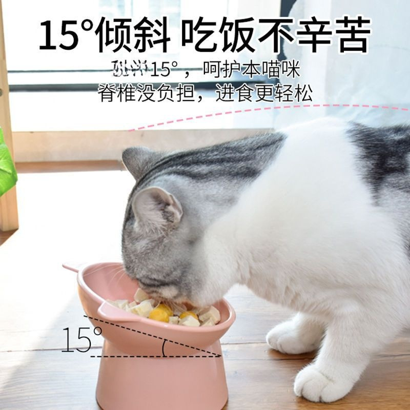 Cat Bowl boca oblicua de pie alto 15 ° protección del cuello gato tazón de arroz tazón de comida para perros antidetonantes tazón de comida para gatos tazón para beber tazón de doble oreja