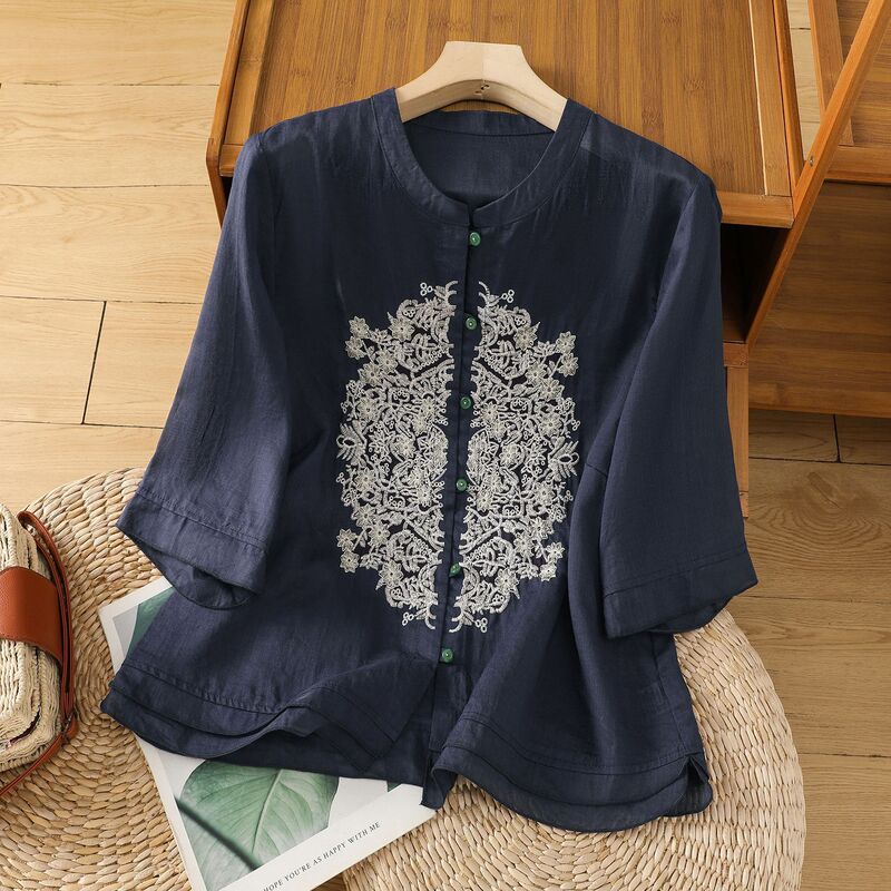 New Chinese-Style Artistic Embroidered Ramie Shirt for Women, Summer 2024 New Model, Thin Button-Up Blouse Top