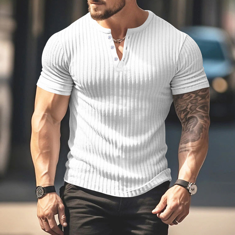 25 European and American Pure Color Men's New Summer Versatile Short-Sleeved Export Henry Shirt Independent Station Cross-Border Casual Knitted T-Shirt