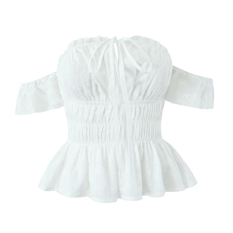 French Pure White Wood-ear Lace-up Waist Slim Shoulder Small Top Women's Spring and Summer New Strapless Shirt