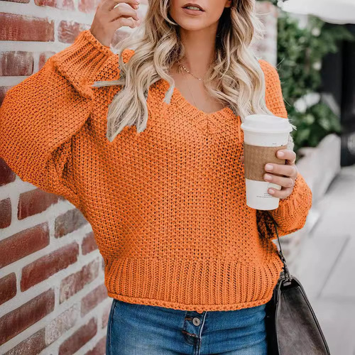 WishEbay Autumn/Winter European and American Loose Knit V-neck Sweater for Women