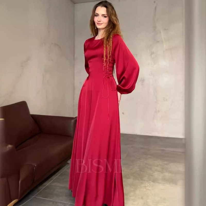 欧美风外贸女装新款优雅气质时尚圆领系带收腰蓬蓬袖长裙连衣裙