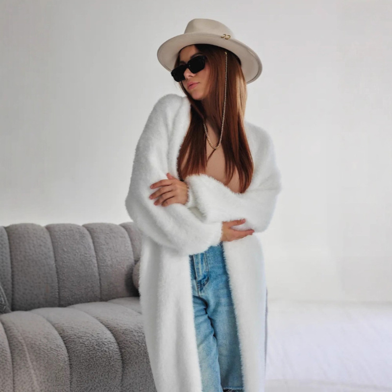 2025 Cross-Border Imitation Mink Velvet White Knitwear Cardigan Outwear Women's Autumn and Winter Loose Plush Fluffy Long Style